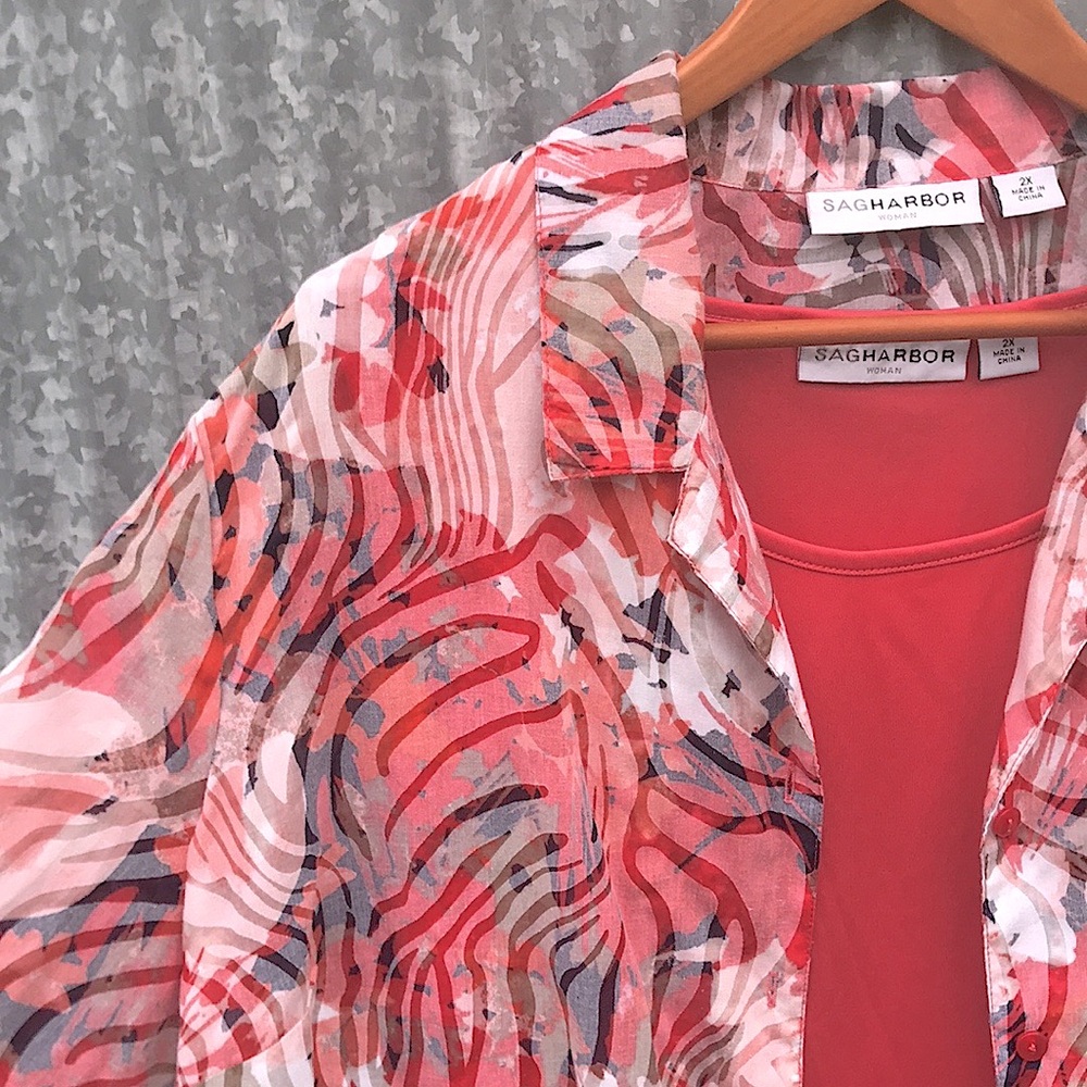 Sag Harbor Women's 2-piece Coral Tank with Patterned Button-up Shirt - Picture 5 of 10